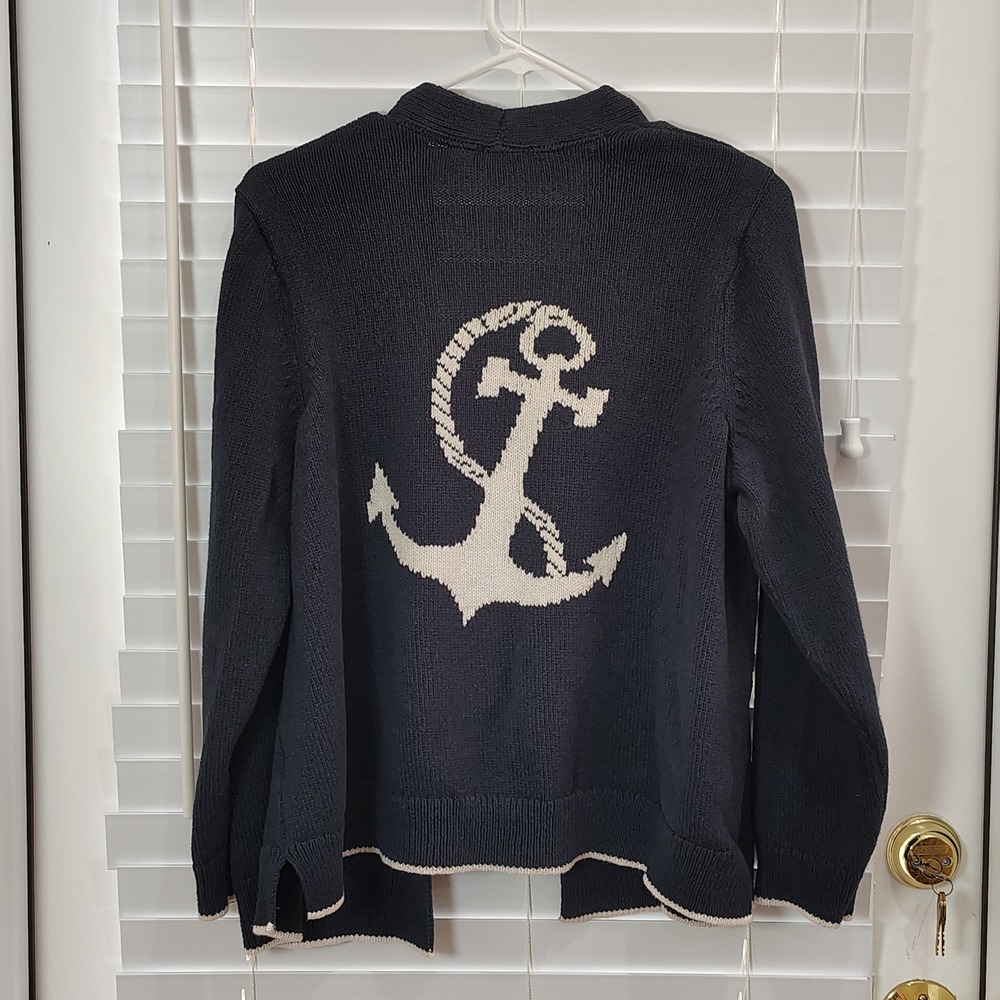 Nautical J. Jill Cardigan Women XLP Blue Open Front 100% Cotton Coastal Knit
